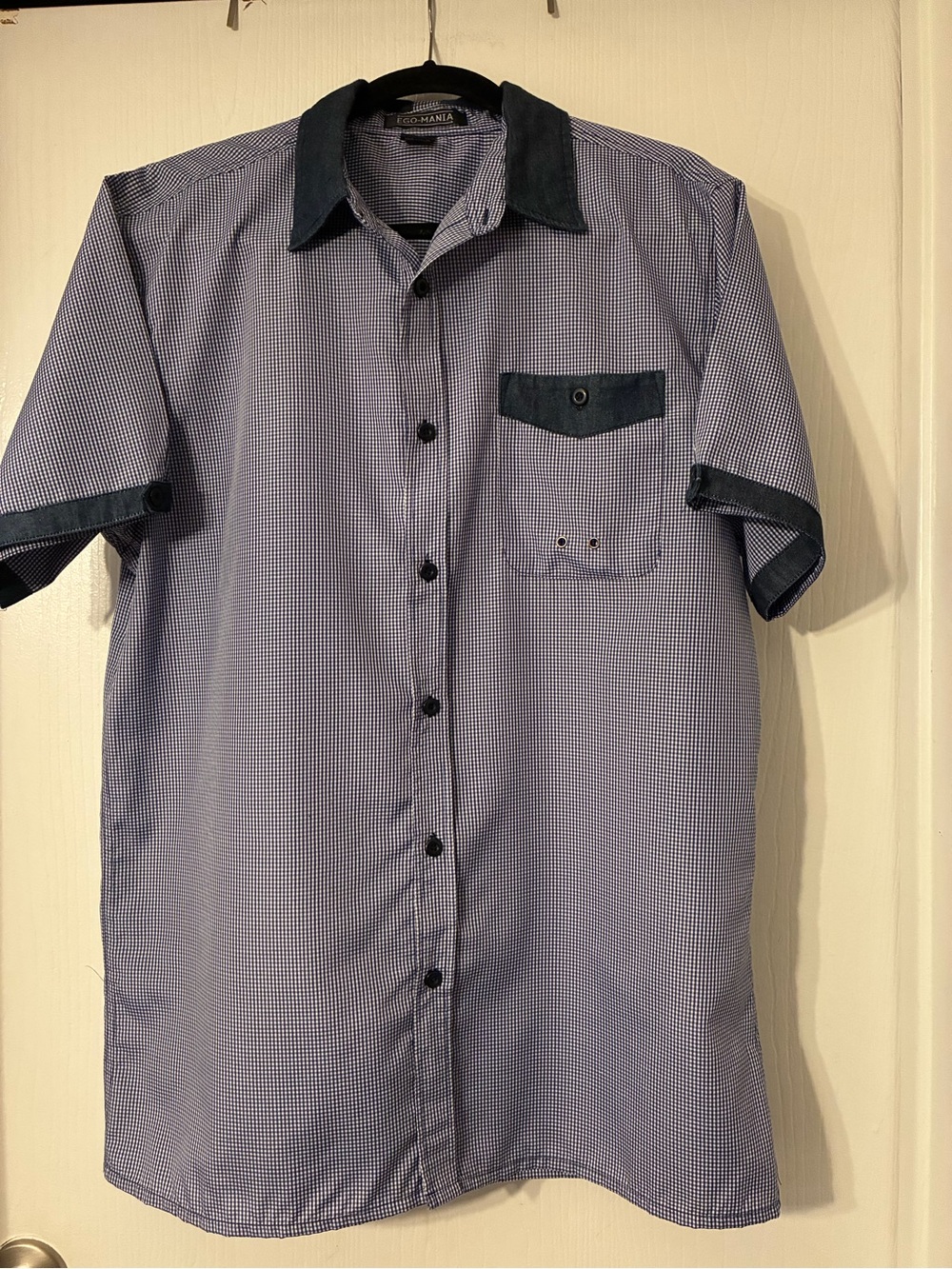 Ego Mania Short Sleeve Check Shirt with Contrast Collar - Blue size L